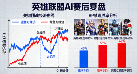 英雄联盟AI赛后复盘配图 - 关键团战经济曲线与BP禁选胜率分析图表